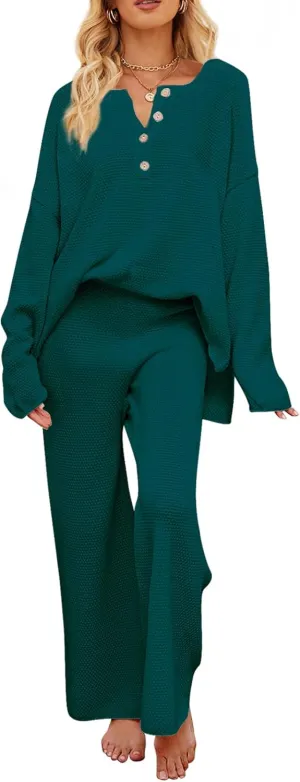 MEROKEETY Women's 2 Piece Outfit Sets Long Sleeve Button Knit Pullover Sweater and Pants Lounge Sets