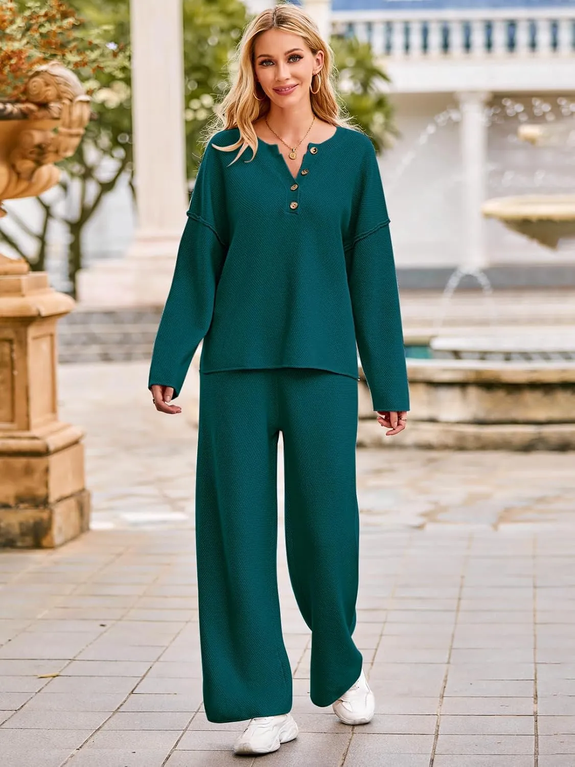 MEROKEETY Women's 2 Piece Outfit Sets Long Sleeve Button Knit Pullover Sweater and Pants Lounge Sets