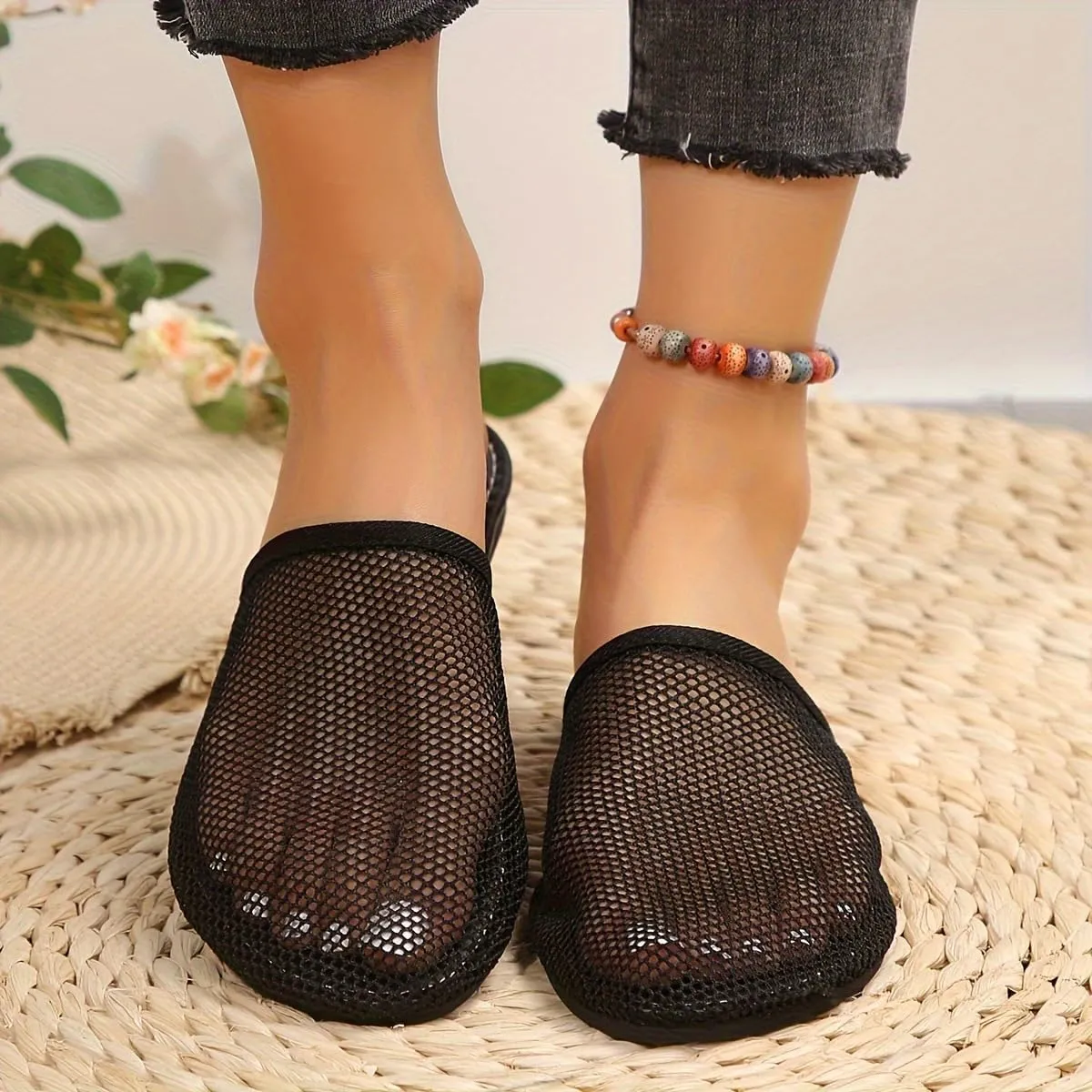 Mesh Flat Slippers for Women, Mesh Slipper for Women, Dressy Slip on for Womens Toe Casual Slingback Flat Mules Women's Fashion Buckle Strap Slide Fishnet Flats Summer Slippers