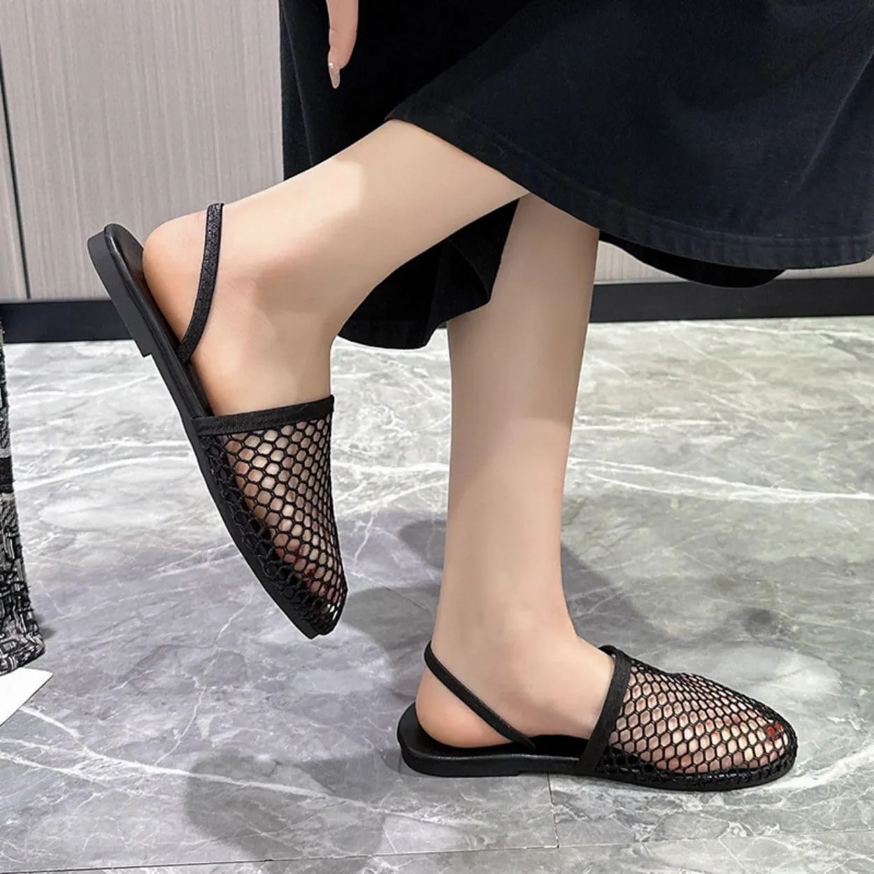 Mesh Flat Slippers for Women, Mesh Slipper for Women, Dressy Slip on for Womens Toe Casual Slingback Flat Mules Women's Fashion Buckle Strap Slide Fishnet Flats Summer Slippers