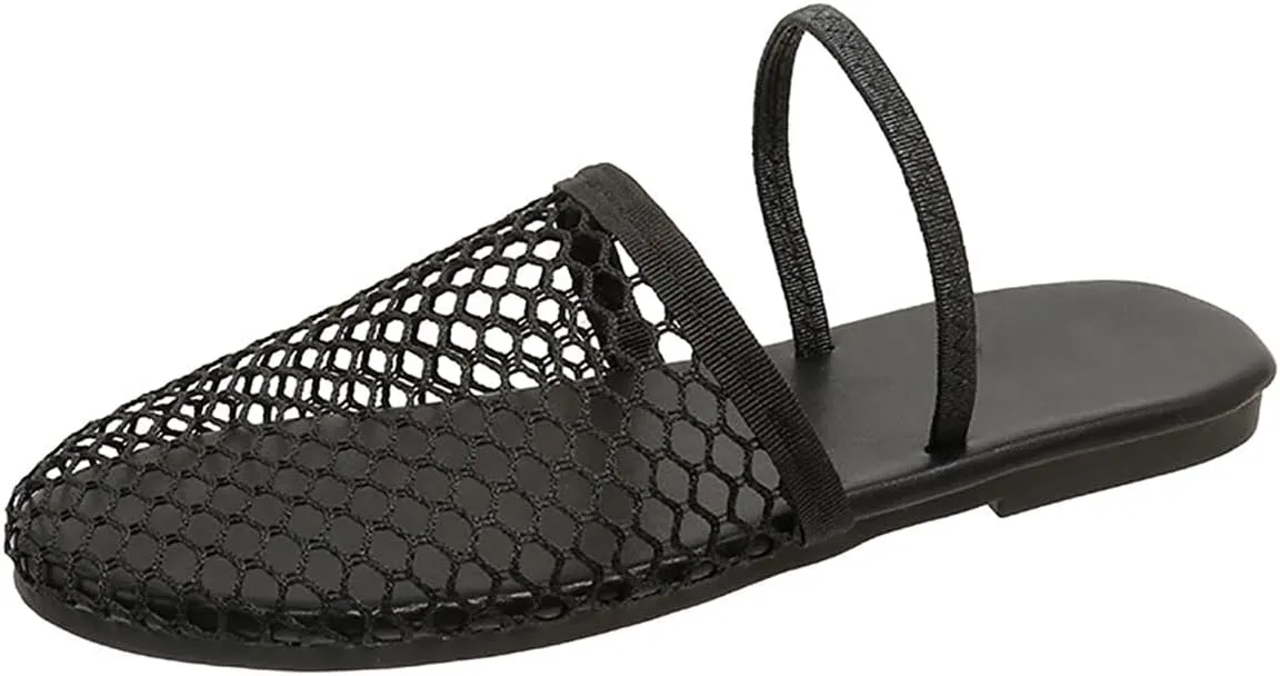 Mesh Flat Slippers for Women, Mesh Slipper for Women, Dressy Slip on for Womens Toe Casual Slingback Flat Mules Women's Fashion Buckle Strap Slide Fishnet Flats Summer Slippers