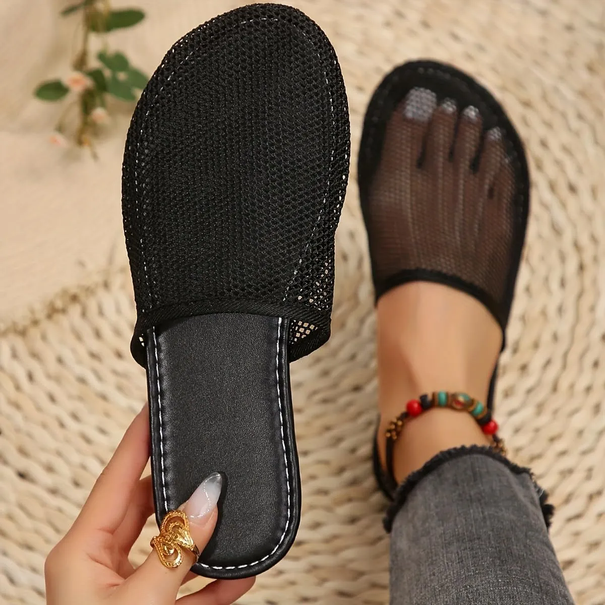 Mesh Flat Slippers for Women, Mesh Slipper for Women, Dressy Slip on for Womens Toe Casual Slingback Flat Mules Women's Fashion Buckle Strap Slide Fishnet Flats Summer Slippers