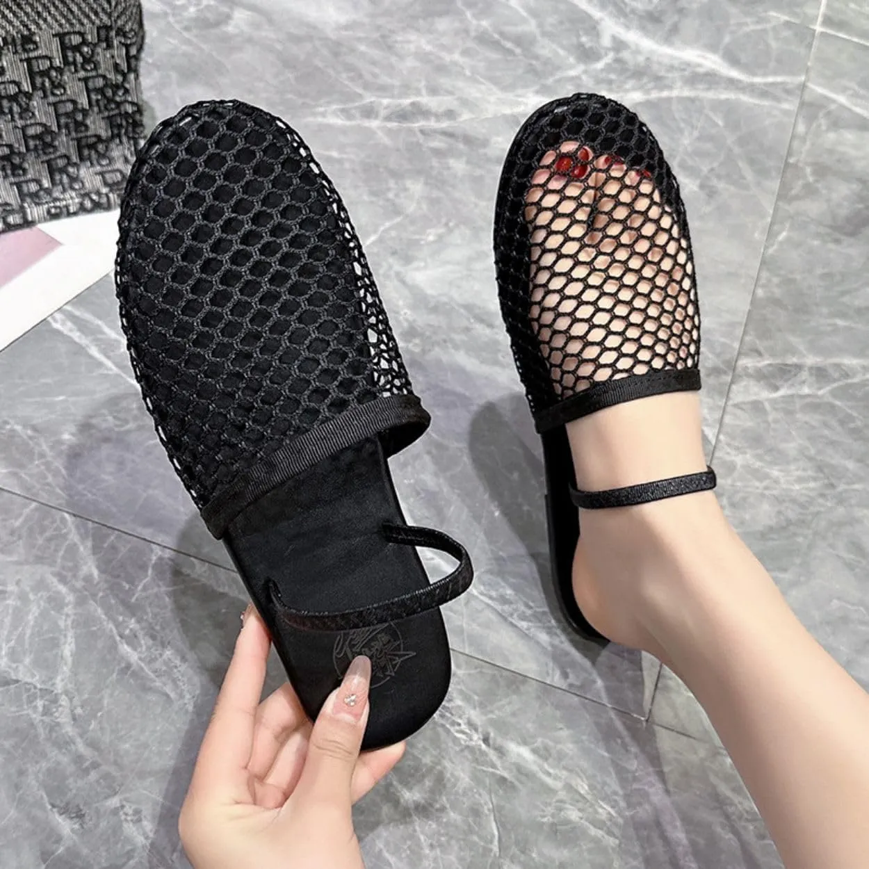 Mesh Flat Slippers for Women, Mesh Slipper for Women, Dressy Slip on for Womens Toe Casual Slingback Flat Mules Women's Fashion Buckle Strap Slide Fishnet Flats Summer Slippers