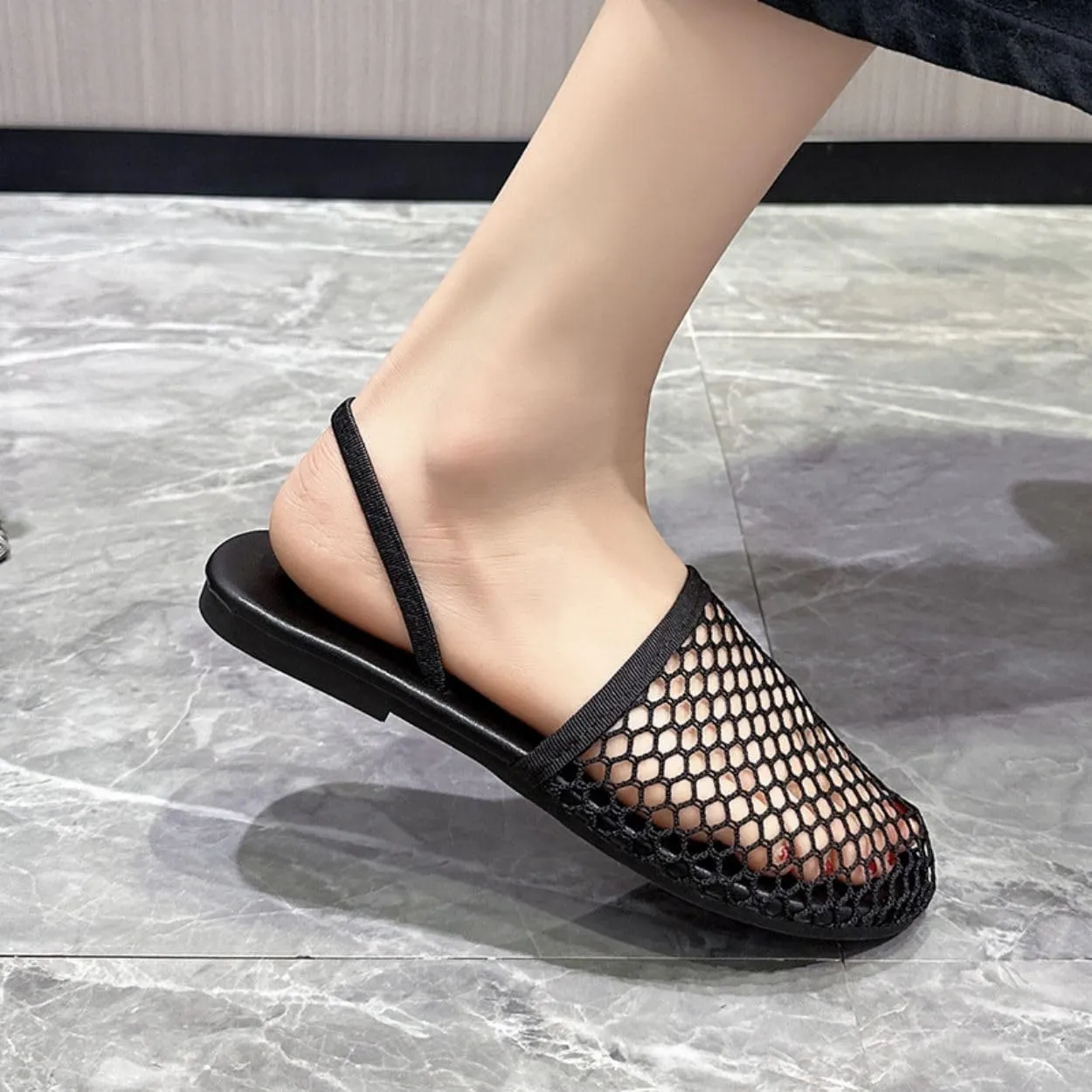 Mesh Flat Slippers for Women, Mesh Slipper for Women, Dressy Slip on for Womens Toe Casual Slingback Flat Mules Women's Fashion Buckle Strap Slide Fishnet Flats Summer Slippers