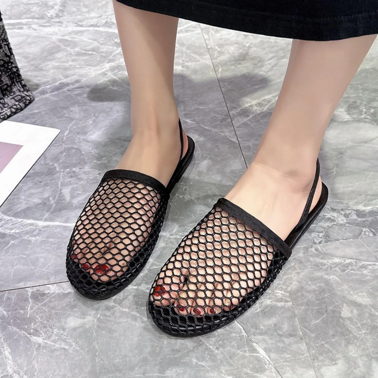 Mesh Flat Slippers for Women, Mesh Slipper for Women, Dressy Slip on for Womens Toe Casual Slingback Flat Mules Women's Fashion Buckle Strap Slide Fishnet Flats Summer Slippers