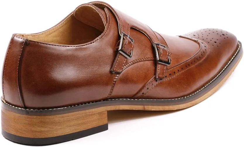Metrocharm MC104 Men's Double Monk Strap Wing Tip Perforated Slip On Loafers Dress Shoes