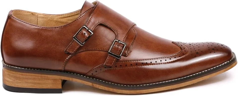 Metrocharm MC104 Men's Double Monk Strap Wing Tip Perforated Slip On Loafers Dress Shoes