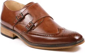 Metrocharm MC104 Men's Double Monk Strap Wing Tip Perforated Slip On Loafers Dress Shoes