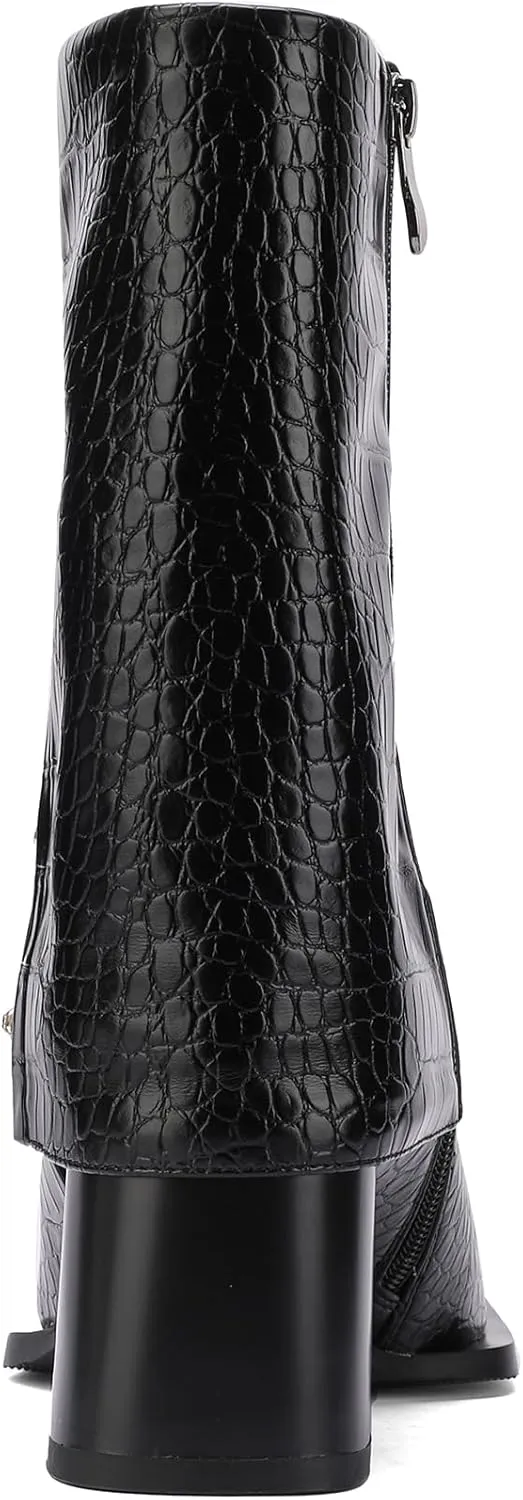 Mid Calf Boots for Women Chunky Block Square Toe Winter Buckle Extra Wide Calf Botas Para Mujer Dressy Warm Lined Ladies Fashion 3 Inch High Heels