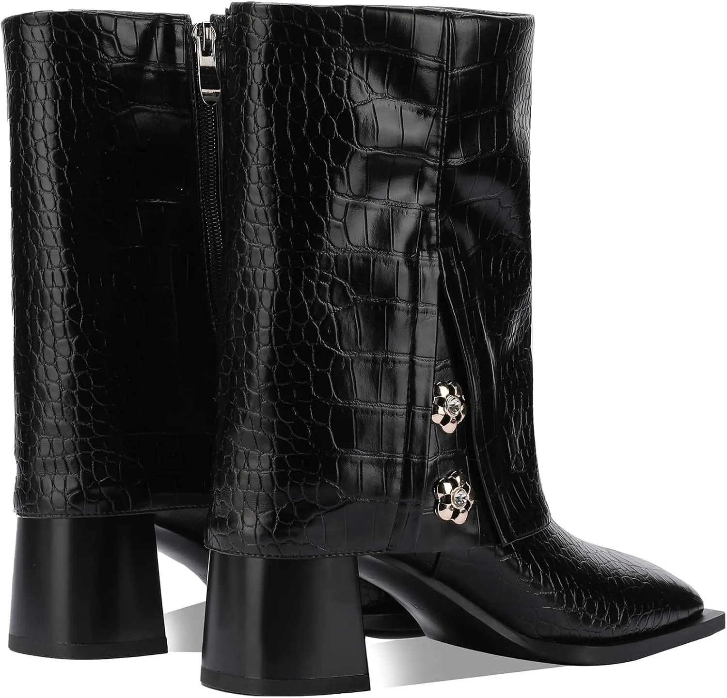 Mid Calf Boots for Women Chunky Block Square Toe Winter Buckle Extra Wide Calf Botas Para Mujer Dressy Warm Lined Ladies Fashion 3 Inch High Heels