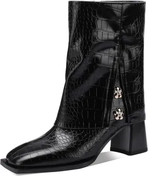 Mid Calf Boots for Women Chunky Block Square Toe Winter Buckle Extra Wide Calf Botas Para Mujer Dressy Warm Lined Ladies Fashion 3 Inch High Heels