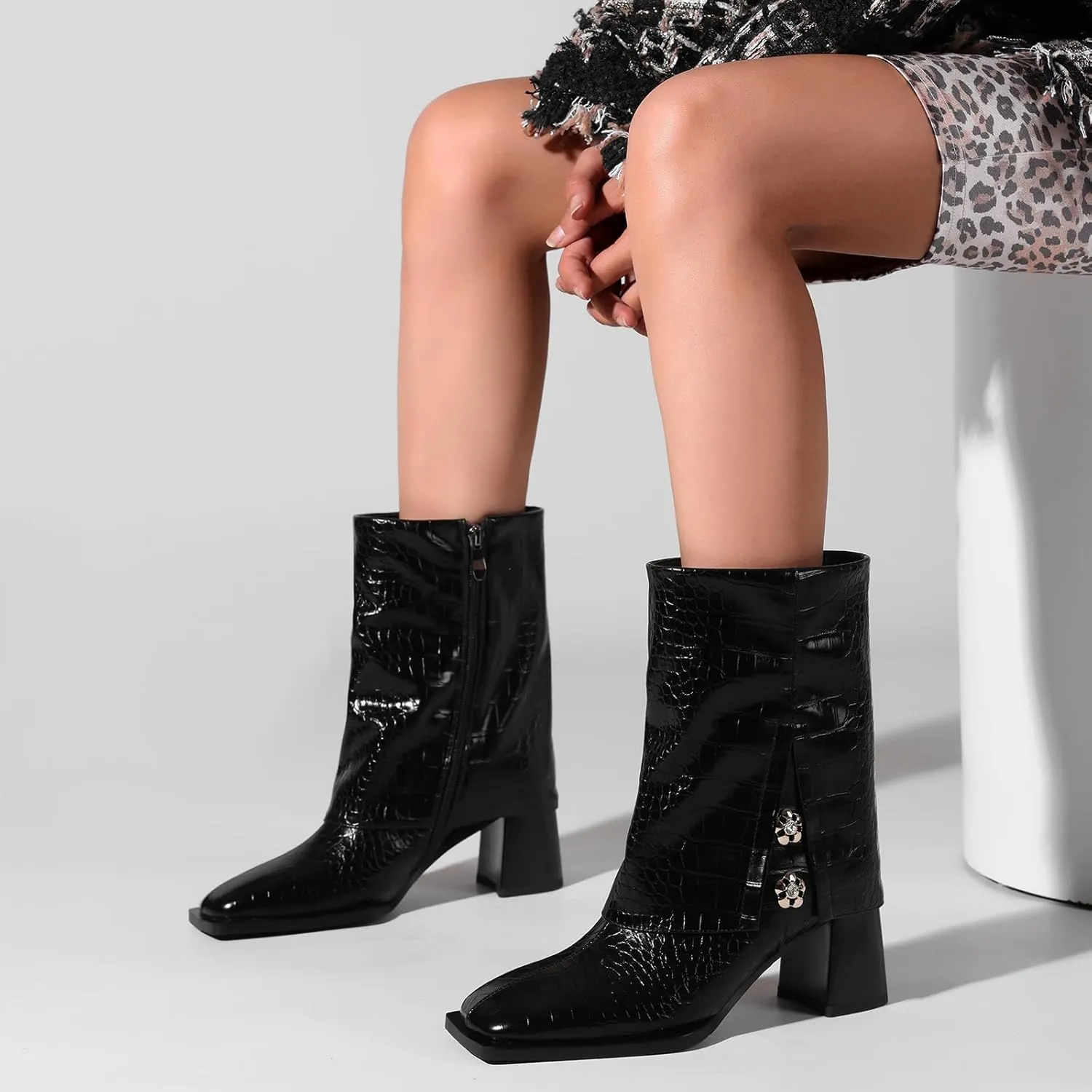 Mid Calf Boots for Women Chunky Block Square Toe Winter Buckle Extra Wide Calf Botas Para Mujer Dressy Warm Lined Ladies Fashion 3 Inch High Heels