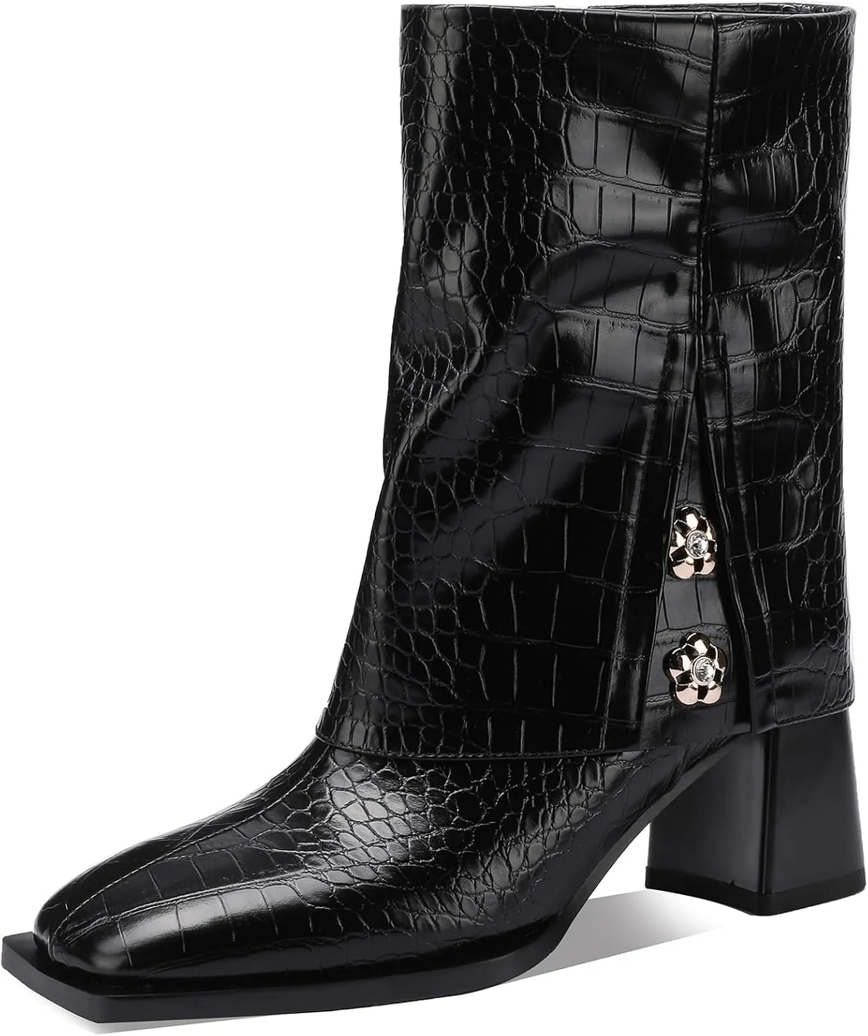 Mid Calf Boots for Women Chunky Block Square Toe Winter Buckle Extra Wide Calf Botas Para Mujer Dressy Warm Lined Ladies Fashion 3 Inch High Heels