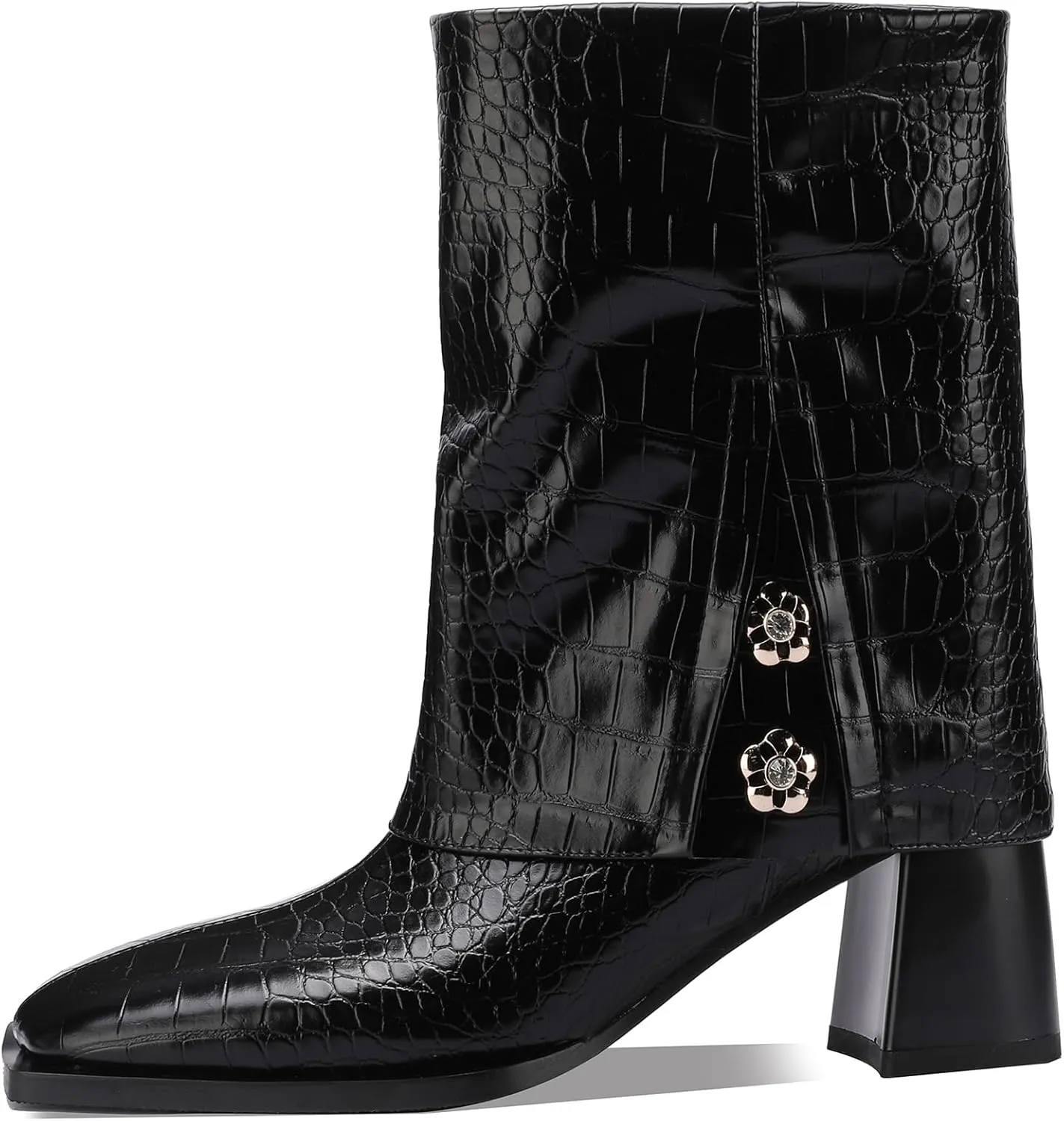 Mid Calf Boots for Women Chunky Block Square Toe Winter Buckle Extra Wide Calf Botas Para Mujer Dressy Warm Lined Ladies Fashion 3 Inch High Heels