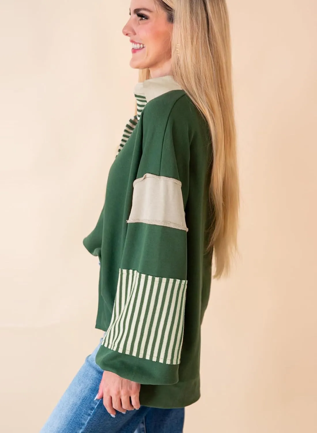 miduo Womens Loose Fit Striped Color Block Long Sleeve Sweatshirt Lapel Collared V Neck Pullover Shirts Tops