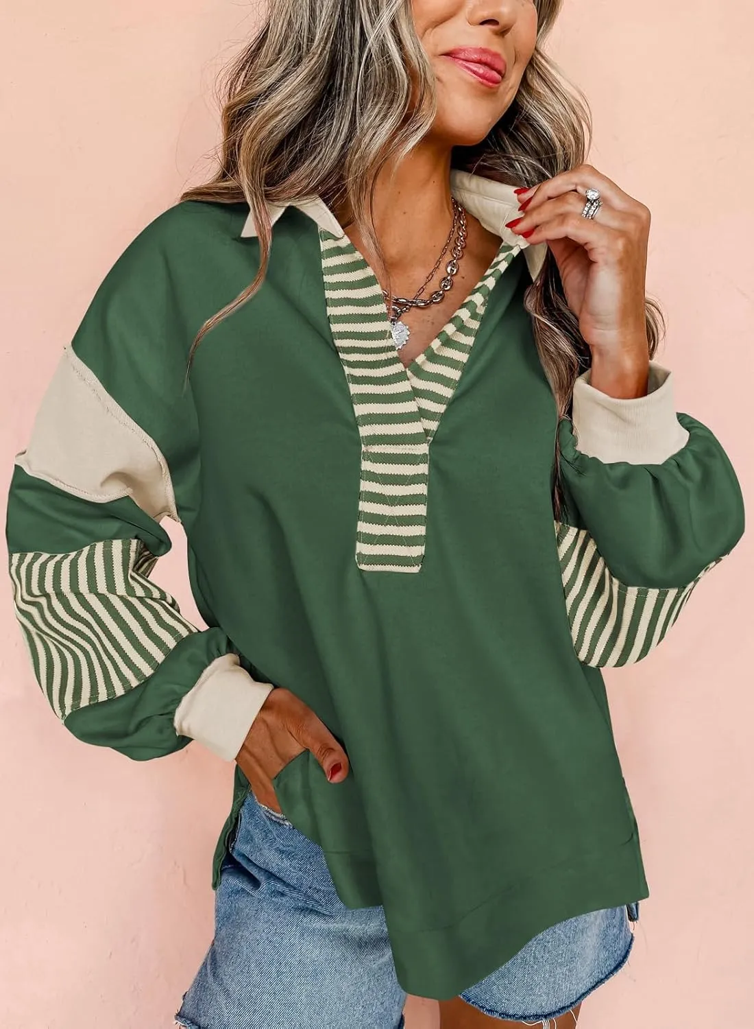 miduo Womens Loose Fit Striped Color Block Long Sleeve Sweatshirt Lapel Collared V Neck Pullover Shirts Tops