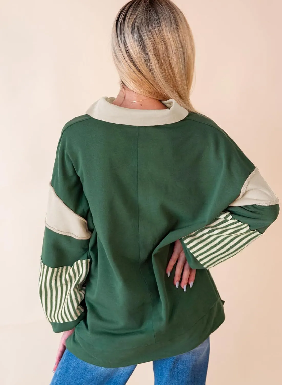 miduo Womens Loose Fit Striped Color Block Long Sleeve Sweatshirt Lapel Collared V Neck Pullover Shirts Tops
