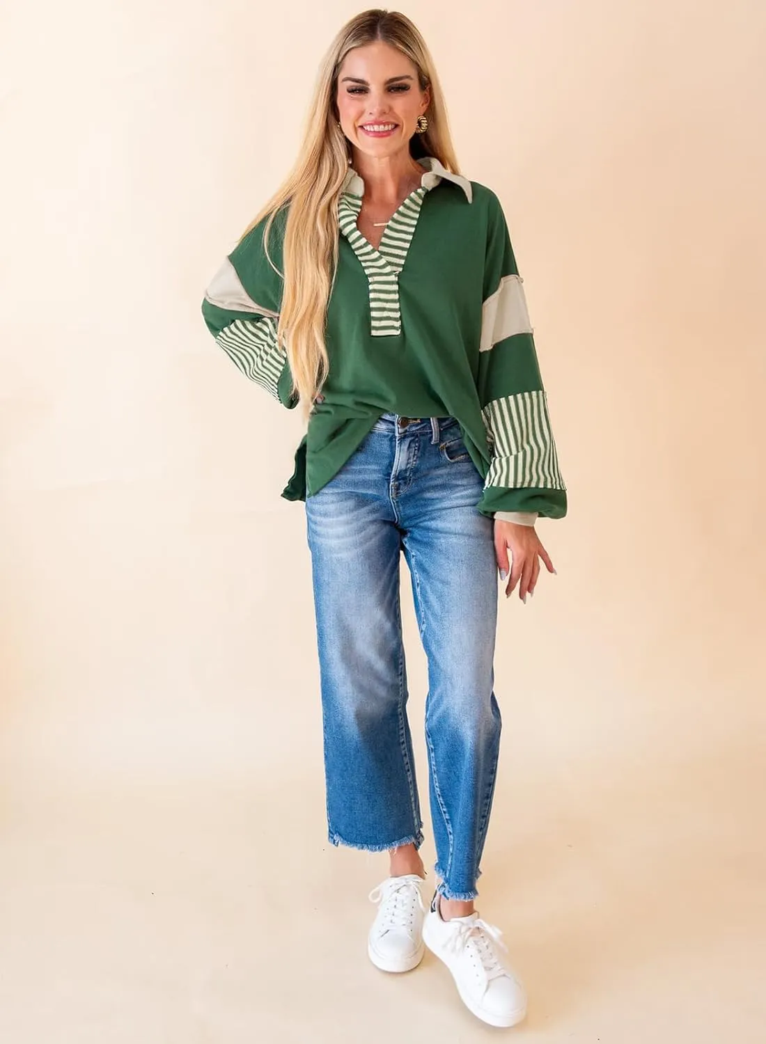 miduo Womens Loose Fit Striped Color Block Long Sleeve Sweatshirt Lapel Collared V Neck Pullover Shirts Tops