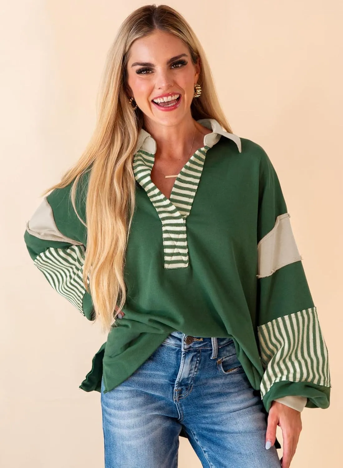 miduo Womens Loose Fit Striped Color Block Long Sleeve Sweatshirt Lapel Collared V Neck Pullover Shirts Tops