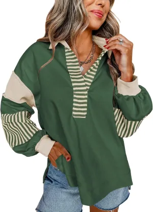 miduo Womens Loose Fit Striped Color Block Long Sleeve Sweatshirt Lapel Collared V Neck Pullover Shirts Tops