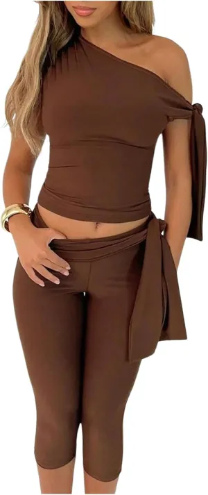 Milumia Women's Knot Side Off The Shoulder Tank Top Legging Pants Set Two Piece Outfit