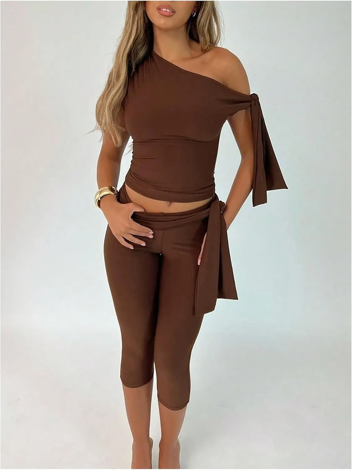Milumia Women's Knot Side Off The Shoulder Tank Top Legging Pants Set Two Piece Outfit
