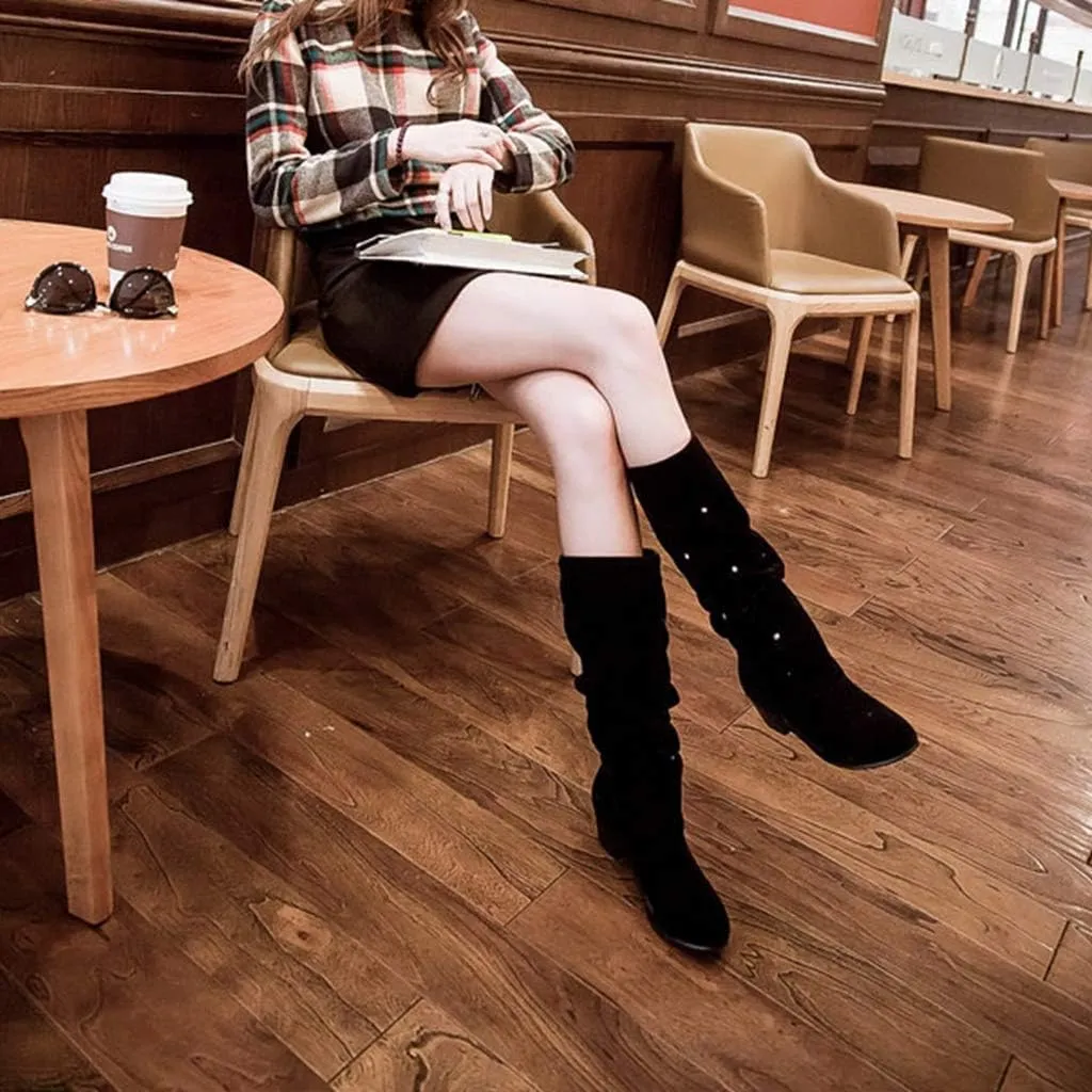 MIOKE Women's Fashion Slouch Mid Calf Riding Boots With Rhinestone Round Toe Suede Cozy Low Heel Dress Boots