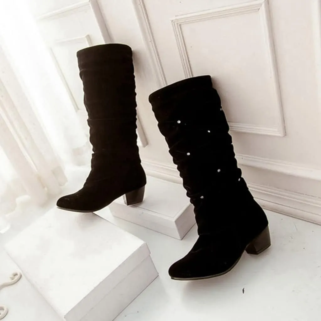 MIOKE Women's Fashion Slouch Mid Calf Riding Boots With Rhinestone Round Toe Suede Cozy Low Heel Dress Boots