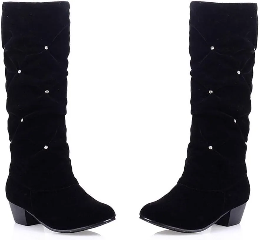 MIOKE Women's Fashion Slouch Mid Calf Riding Boots With Rhinestone Round Toe Suede Cozy Low Heel Dress Boots