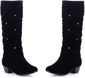 MIOKE Women's Fashion Slouch Mid Calf Riding Boots With Rhinestone Round Toe Suede Cozy Low Heel Dress Boots