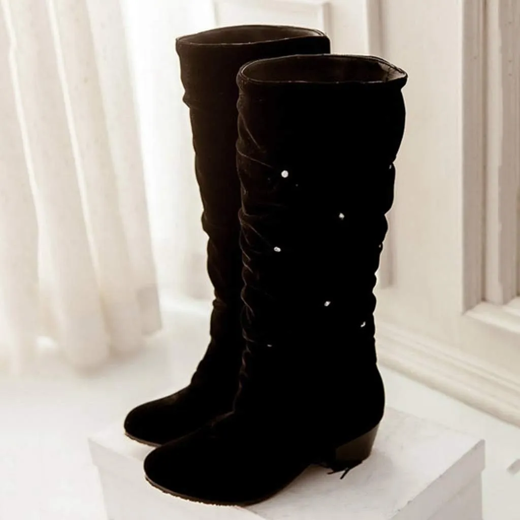 MIOKE Women's Fashion Slouch Mid Calf Riding Boots With Rhinestone Round Toe Suede Cozy Low Heel Dress Boots