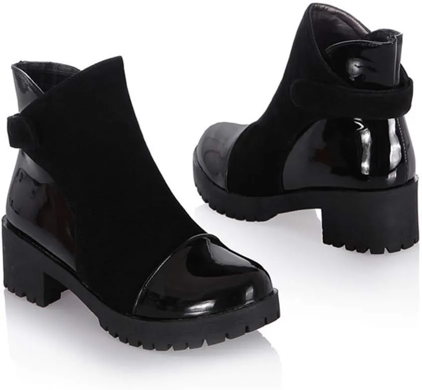 MIOKE Women's Round Toe Dressy Ankle Booties Platform Hook & Loop Chunky Mid Heel Casual Walking Short Boots