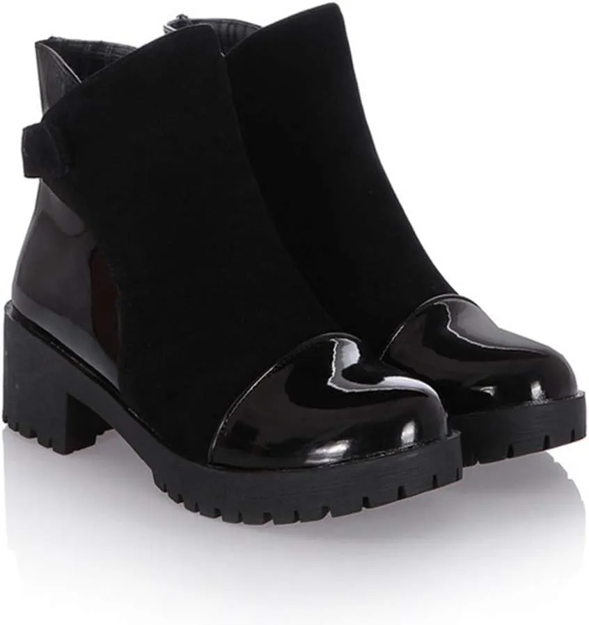 MIOKE Women's Round Toe Dressy Ankle Booties Platform Hook & Loop Chunky Mid Heel Casual Walking Short Boots