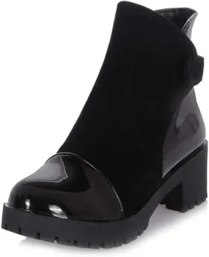 MIOKE Women's Round Toe Dressy Ankle Booties Platform Hook & Loop Chunky Mid Heel Casual Walking Short Boots