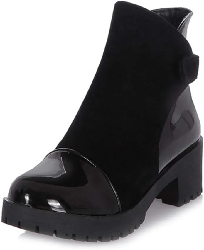 MIOKE Women's Round Toe Dressy Ankle Booties Platform Hook & Loop Chunky Mid Heel Casual Walking Short Boots