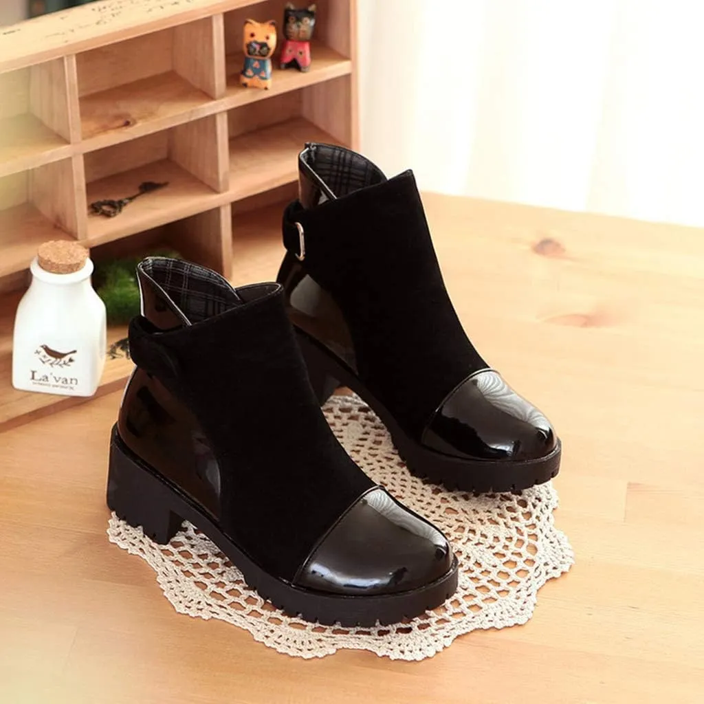 MIOKE Women's Round Toe Dressy Ankle Booties Platform Hook & Loop Chunky Mid Heel Casual Walking Short Boots