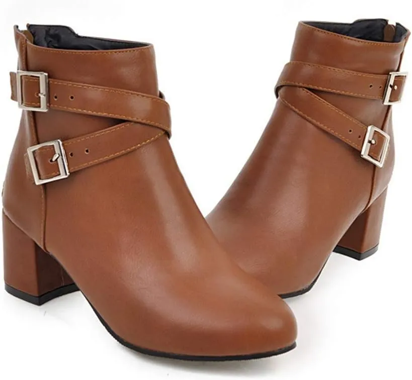 MIOKE Women's Round Toe Dressy Ankle Boots Trendy Buckle Zipper Chunky Mid Heel Chelsea Dressy Short Booties