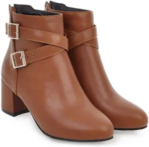 MIOKE Women's Round Toe Dressy Ankle Boots Trendy Buckle Zipper Chunky Mid Heel Chelsea Dressy Short Booties