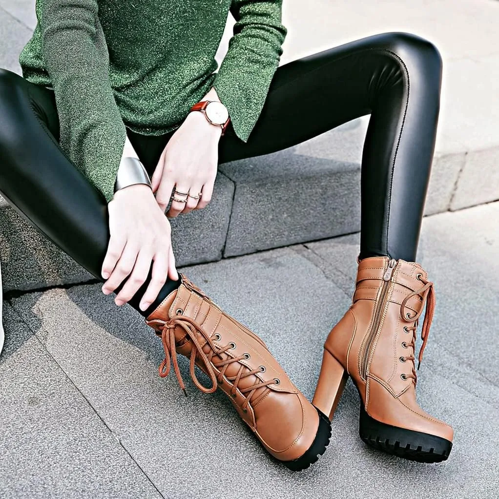MIOKE Women's Round Toe Platform Dressy Ankle Boots Lace Up Zipper Chunky Block High Heel Dress Short Bootie