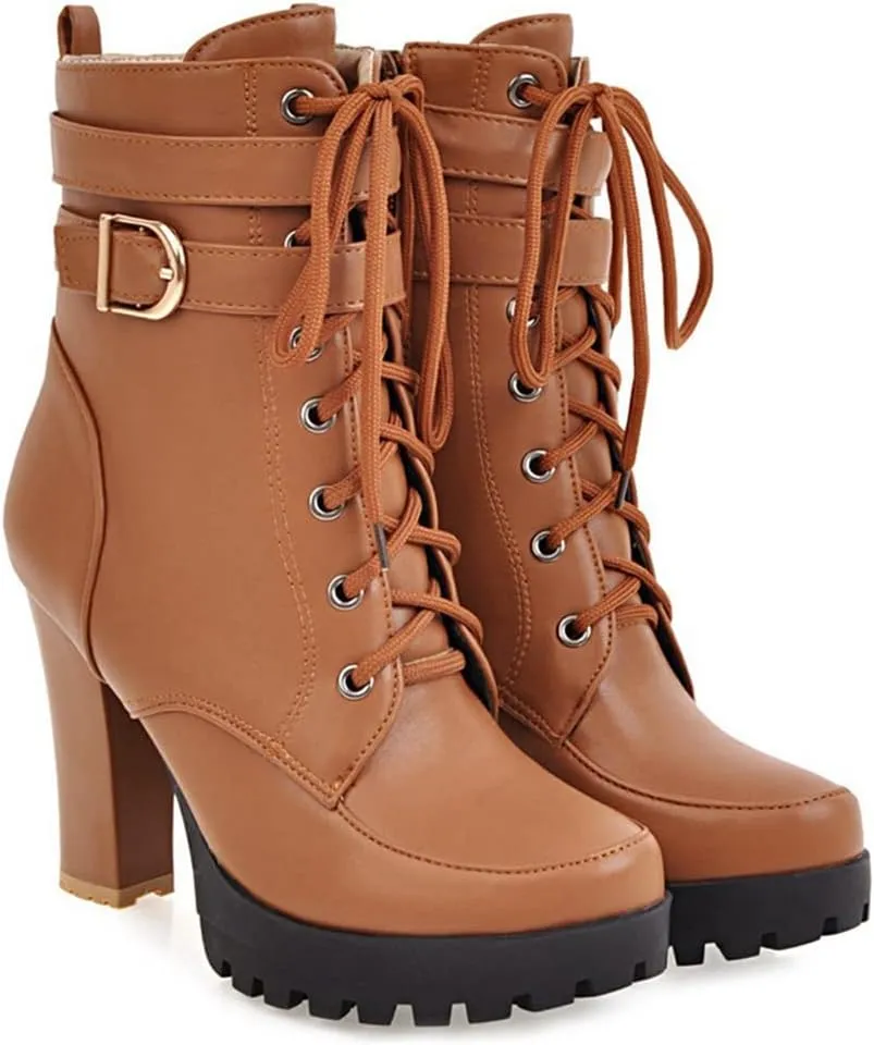 MIOKE Women's Round Toe Platform Dressy Ankle Boots Lace Up Zipper Chunky Block High Heel Dress Short Bootie