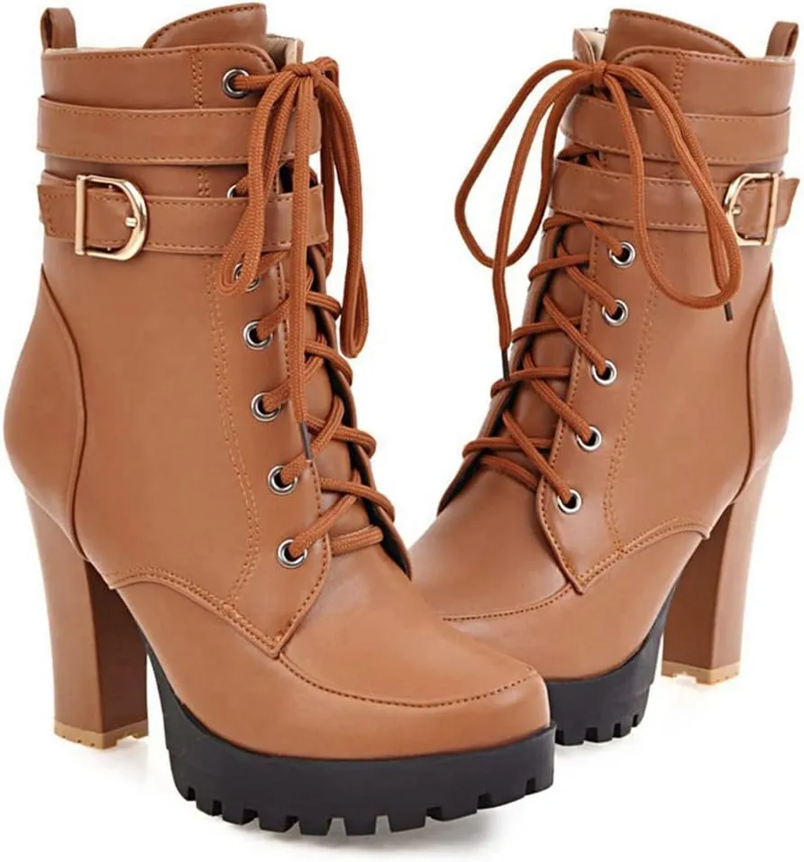 MIOKE Women's Round Toe Platform Dressy Ankle Boots Lace Up Zipper Chunky Block High Heel Dress Short Bootie