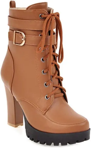MIOKE Women's Round Toe Platform Dressy Ankle Boots Lace Up Zipper Chunky Block High Heel Dress Short Bootie