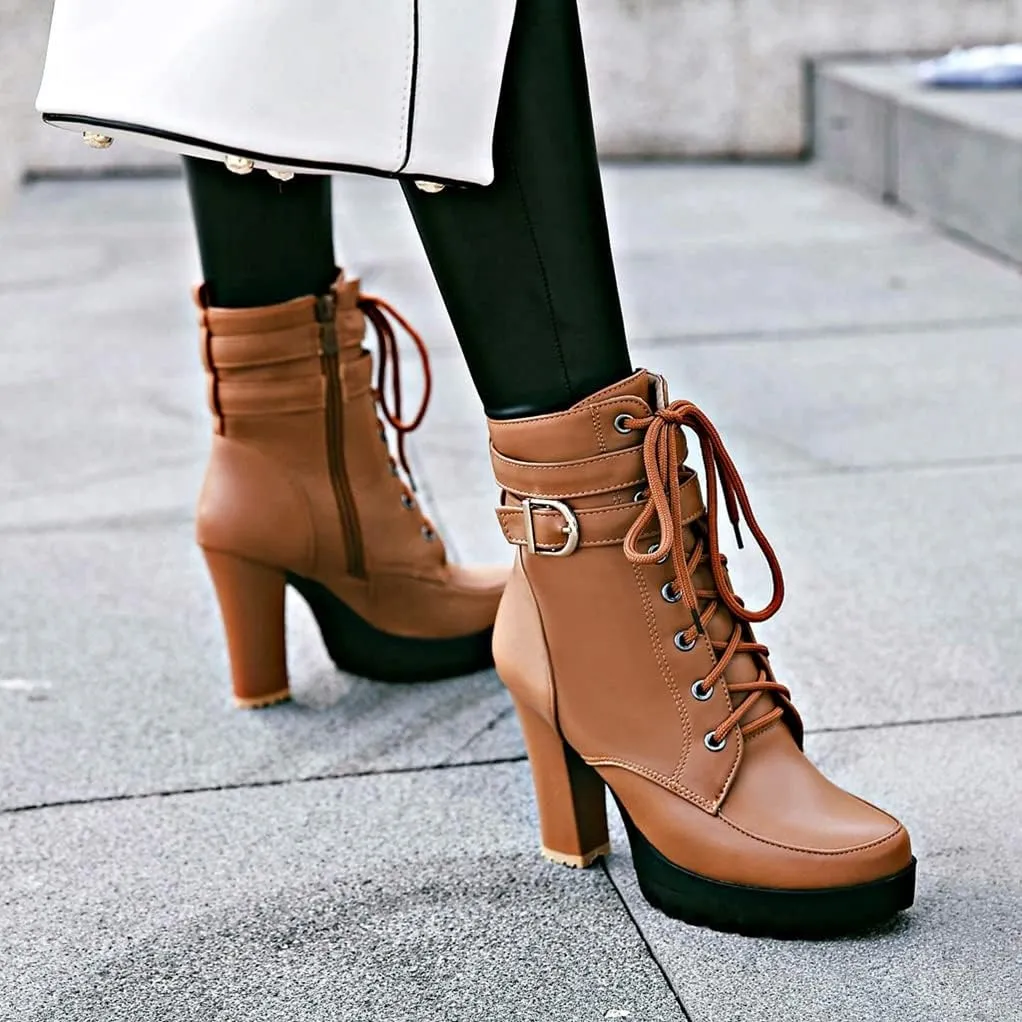 MIOKE Women's Round Toe Platform Dressy Ankle Boots Lace Up Zipper Chunky Block High Heel Dress Short Bootie