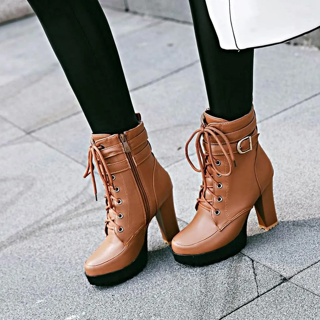 MIOKE Women's Round Toe Platform Dressy Ankle Boots Lace Up Zipper Chunky Block High Heel Dress Short Bootie