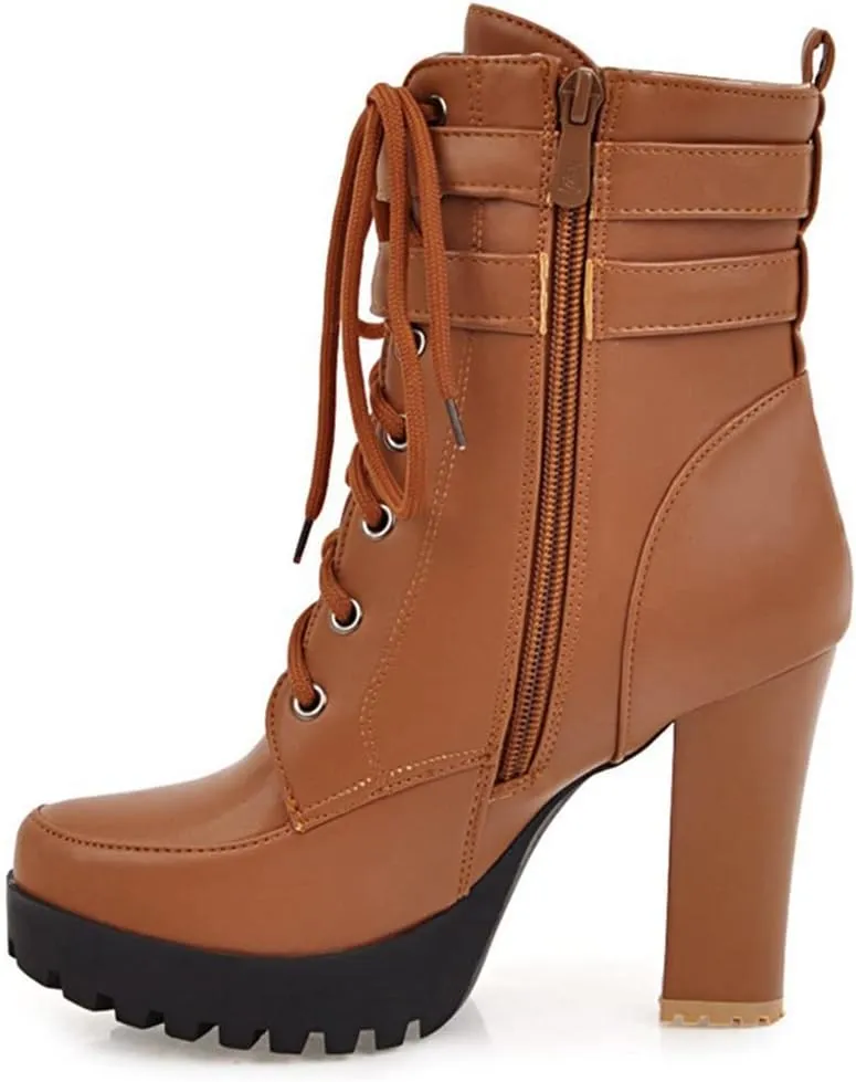 MIOKE Women's Round Toe Platform Dressy Ankle Boots Lace Up Zipper Chunky Block High Heel Dress Short Bootie