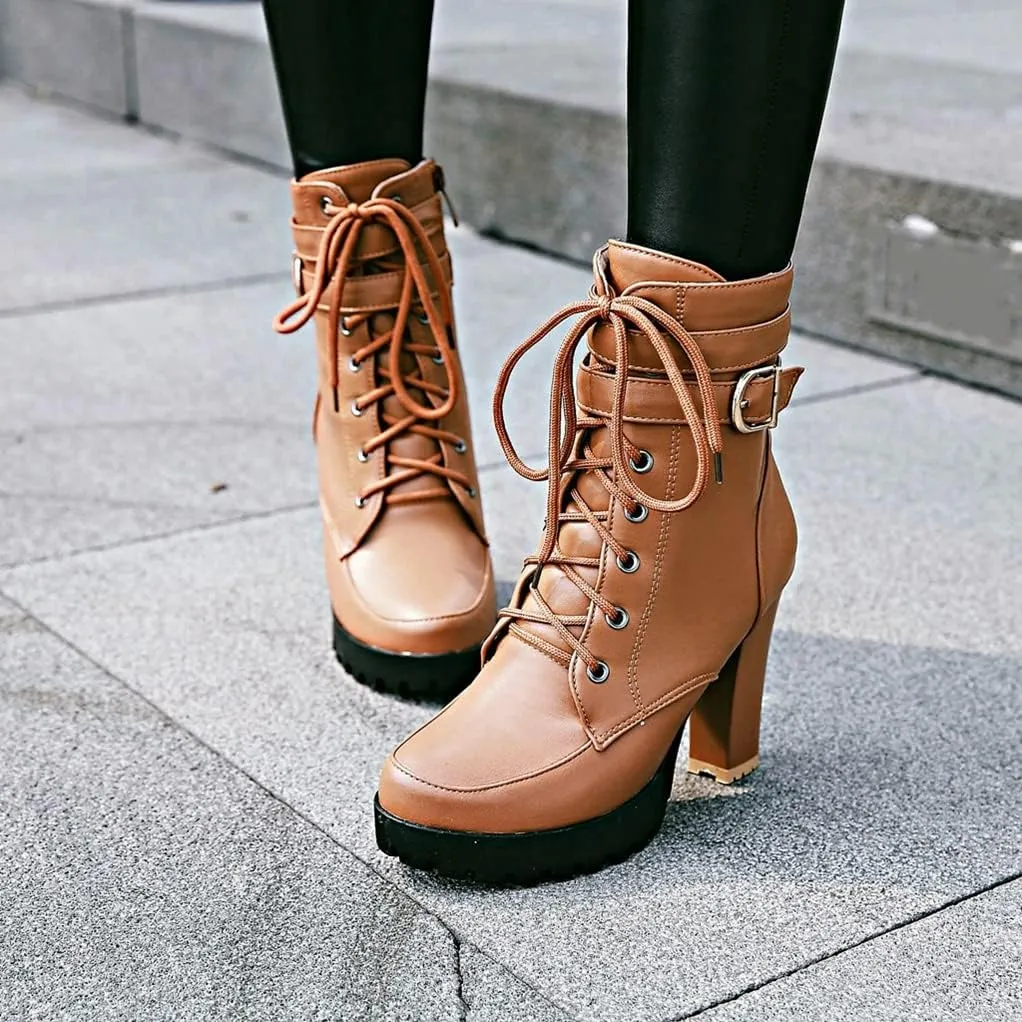 MIOKE Women's Round Toe Platform Dressy Ankle Boots Lace Up Zipper Chunky Block High Heel Dress Short Bootie