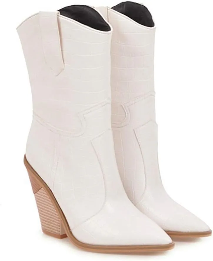 MIOKE Women's Western Cowboy Chelsea Ankle Boots Pointed Toe Pull On Chunky Stacked High Heel Riding Booties