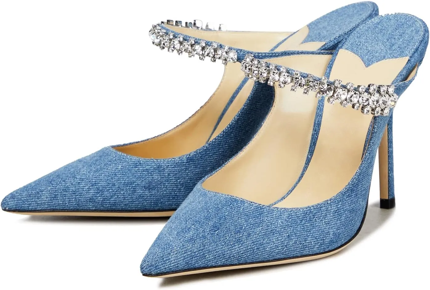 MIRAAZZURRA Women Heeled Mules Rhinestone Strappy Pointed Toe Mules Stiletto High Heels Slip On Bridal Sandals for Women