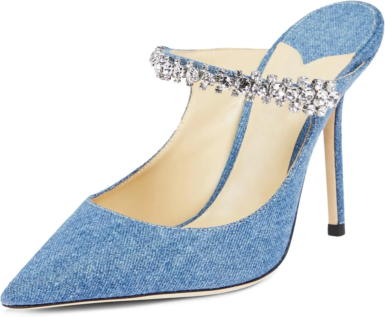 MIRAAZZURRA Women Heeled Mules Rhinestone Strappy Pointed Toe Mules Stiletto High Heels Slip On Bridal Sandals for Women