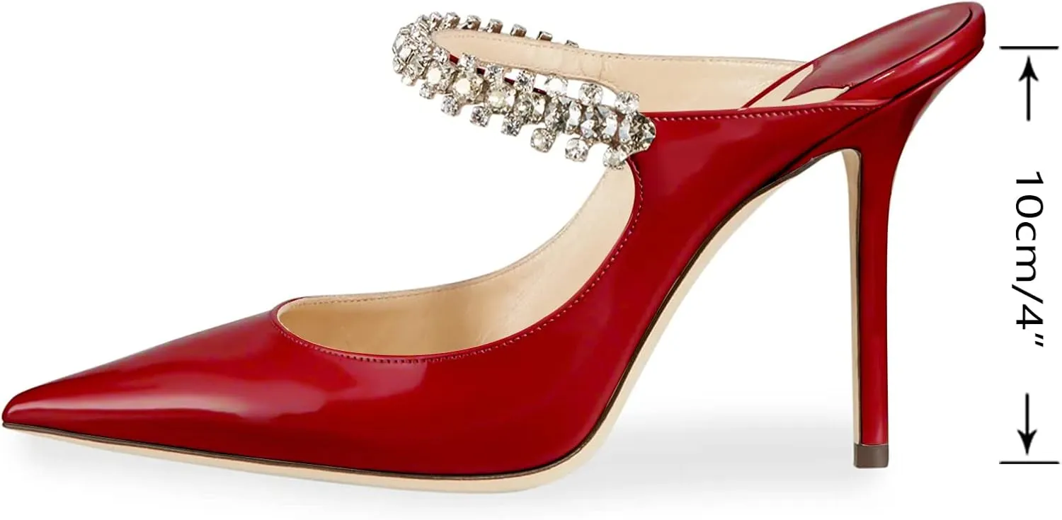 MIRAAZZURRA Women Heeled Mules Rhinestone Strappy Pointed Toe Mules Stiletto High Heels Slip On Bridal Sandals for Women